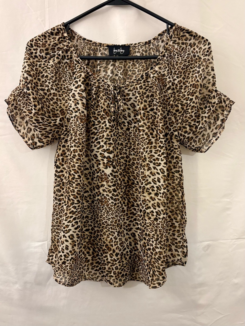 Lush Leopard Print Short Sleeve Peasant Blouse - Brown